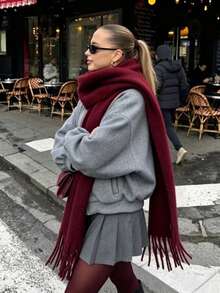 1 Solid Color Scarf, Keeps Neck Warm In Winter, Thickened Wool Knit Tassel Shawl, Can Be Worn With Dresses - Plum Purple - View 3