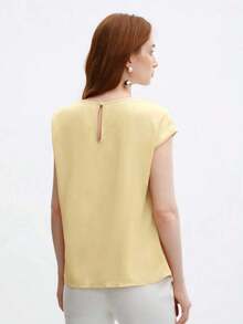 Blusa de satén de corte holgado con mangas acampanadas para mujer, elegante y versátil para ocasiones urbanas románticas, formales, de viaje, como invitada de boda, cumpleaños, casual de negocios, citas, aeropuerto, regreso a clases, uso en la ofi - Amarillo - Ver 3