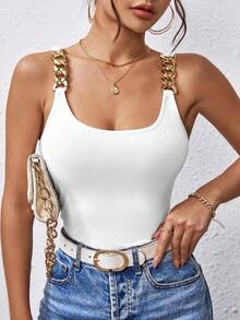Camiseta Sin Mangas Para Mujer Con Tirantes De Cadena De Metal Y Espalda Descubierta - Blanco - Ver 7