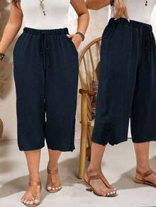 Pantalones capri informales de talla grande de un solo color - Azul marino - Ver 1