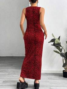 Vestido ajustado sin mangas con estampado de leopardo para mujer - Rojo - Ver 2