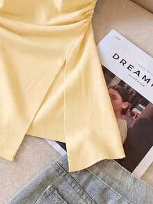 Top bandeau de unicolor con pliegues en el lateral y bajo con abertura de moda para mujer - Amarillo - Ver 3