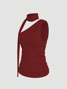 Camiseta de tirantes con diseño elegante, ajuste ceñido y pliegues con unicolor para mujer en verano - Rojo - Ver 4