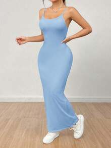 Vestido básico de tirantes finos blanco para mujer - Celeste - Ver 6