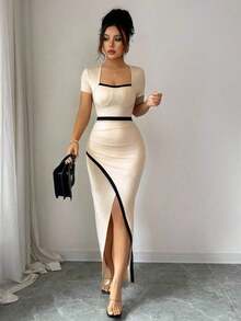 YHHRafferiza Nuevo vestido de Body ceñido con cuello cuadrado elegante y abertura en la cintura, estilo europeo y americano para mujeresYHH - Amarillo claro - Ver 10