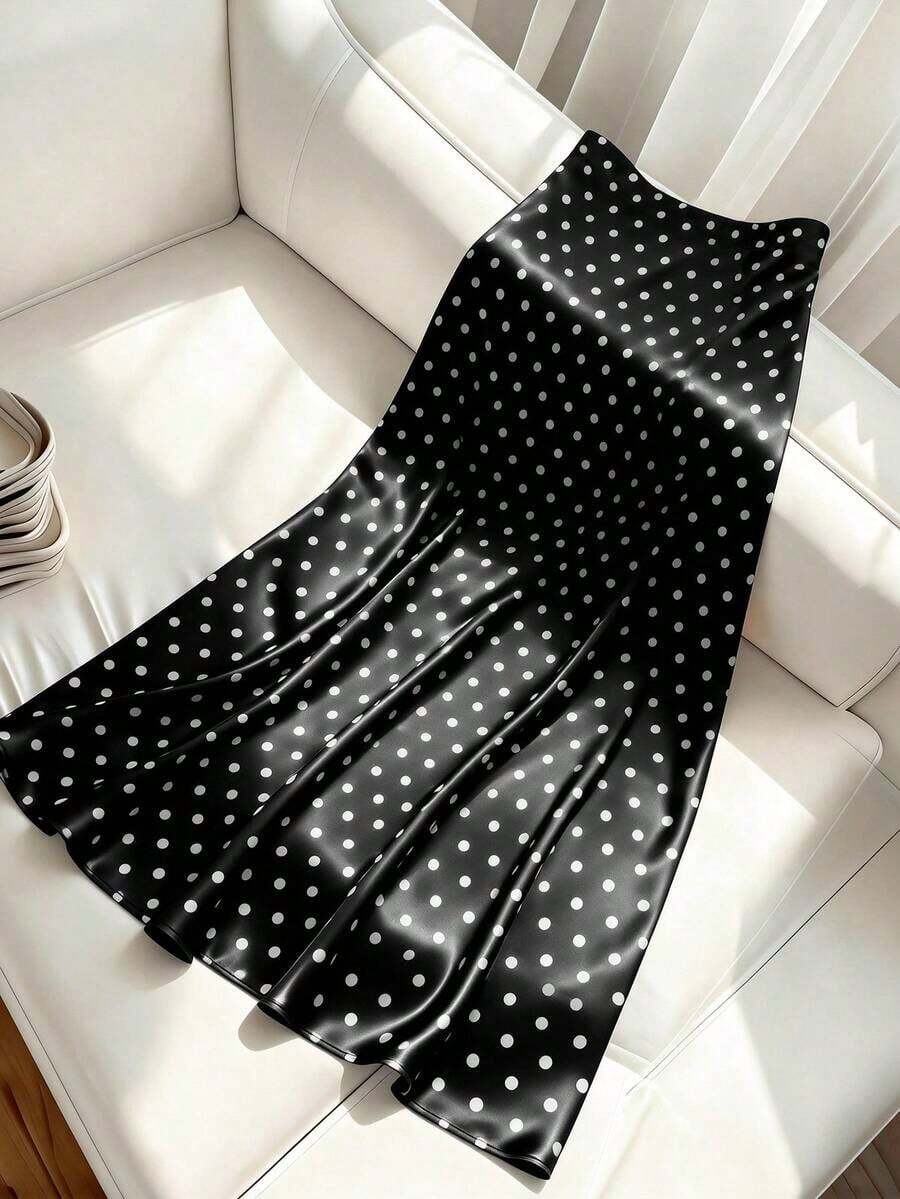 Falda de lunares blancos para mujer, falda casual de primavera/verano para vacaciones, falda midi elegante de cintura alta y ajustada, atuendo para fiesta - Blanco y Negro - Ver 1