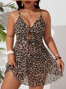 2026 Traje de baño de una pieza con efecto estilizante para tallas grandes| Estampado de leopardo clásico de estilo retro salvaje| Escote en V con lazo ajustable en la parte delantera para realzar el busto| Abertura frontal + dobladillo d - Multicolor - Ver 5