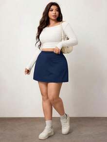 Falda corta casual de línea A de unicolor negro básico para mujer de talla grande, amigable con las curvas del Body redondeado, para el invierno, para la figura de Body redondeado tipo manzana - Azul marino - Ver 8