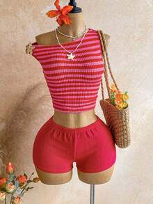 Nuevo conjunto casual de 2 piezas para mujer con hombro asimétrico, textura esponjosa, estampado floral y espalda descubierta, ideal para vacaciones, boda, graduación, Día de San Patricio, primavera, festival de música, elegante estilo boho tropical - Rojo - Ver 7