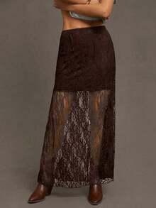 2026 Women Sexy Black Wildflower Lace Patchwork Lightweight And Breathable Long Summer Skirt Winter Casual Spring - Caqui - Ver 3