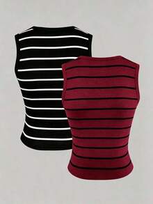 Conjunto de 2 piezas de camiseta de tirantes a rayas negras y blancas para mujer - Multicolor - Ver 2