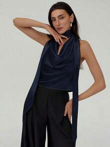 Top elegante y sexy de verano con escote profundo y espalda descubierta, ideal para dama de honor, boda, fiesta, cita romántica o vacaciones - Azul marino - Ver 5