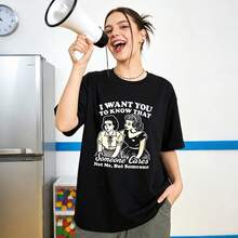 Women's Summer Clothing, Soft And Casual Cotton T-Shirt With A Round Neck, Printed With The Phrase "I Want You To Know That Someone Cares, Not Me, But Someone." Black. - 黑色 - 查看 2