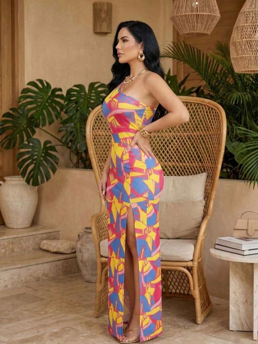 Maxi Vestido Asimétrico Bodycon con Estampado Abstracto y Corte Lateral Elegante - Rosa Fucsia - Ver 1