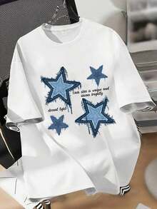Women's Casual Short Sleeve T-Shirt, Graphic Print T-Shirt With Four Designs, Summer Clothes, Oversized T-Shirt, Casual Streetwear, Round Neck, Cotton, Summer Fashion, Loose Fit T-Shirt For Women, Daily Wear, Suitable For Spring, Summer And Autumn. - 白色 - 查看 7