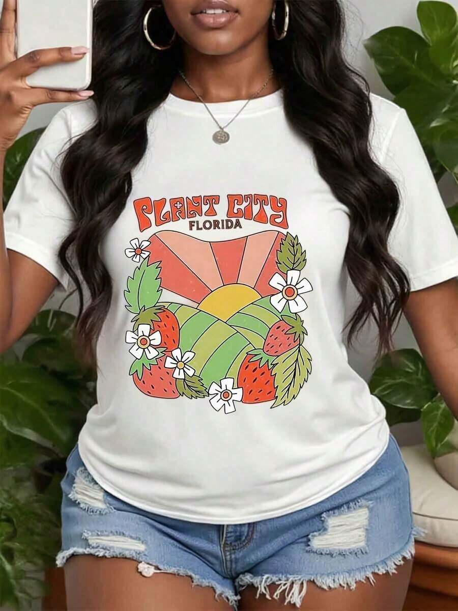 Casual Strawberry Print T-Shirt, Colorful Fruit T-Shirt, Fun Strawberry T-Shirt For Summer And Halloween, Cute Berry T-Shirt, Ideal Gifts For Grandma, Mother And Friends, 100% Cotton, Durable - 白色 - 查看 1