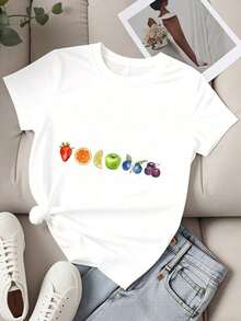 Casual Fruit Print T-Shirt, Women's Graphic Tee, Short Sleeve Casual Top, Summer Fashion, Fruit Print T-Shirt, 100% Cotton, Durable - 白色 - 查看 3