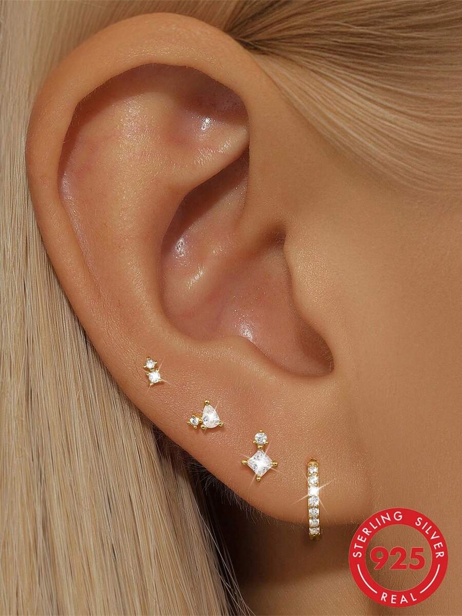 4 đôi bông tai đơn bất đối xứng bằng bạc sterling 925, kiểu dáng ngọt ngào, phù hợp cho cô dâu trong đám cưới.