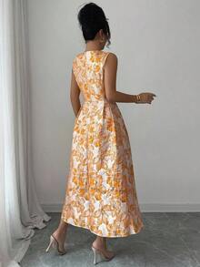 Vestido elegante sin mangas de cuello redondo con estampado total para mujer - Naranja - Ver 2