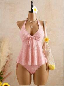 Lace Swimsuit With Halter Neck, Adjustable Straps, Ruffles, Two-Piece Bikini That Enhances The Figure, Ideal For Hot Springs. - Pink - View 1