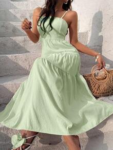 Vestido con escote de tubo plisado de tela texturizada color melocotón claro, con tirantes finos, cintura suelta, estilo relajado para vacaciones - Verde Niebla - Ver 1