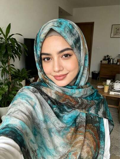 1 Piece Elegant Watercolor Marble Print Rayon Long Scarf, Ultra-Soft Breathable Viscose Shawl, Multi-Use Neck Wrap & Hijab, Perfect For Women's Daily, Travel & Beach Outfits