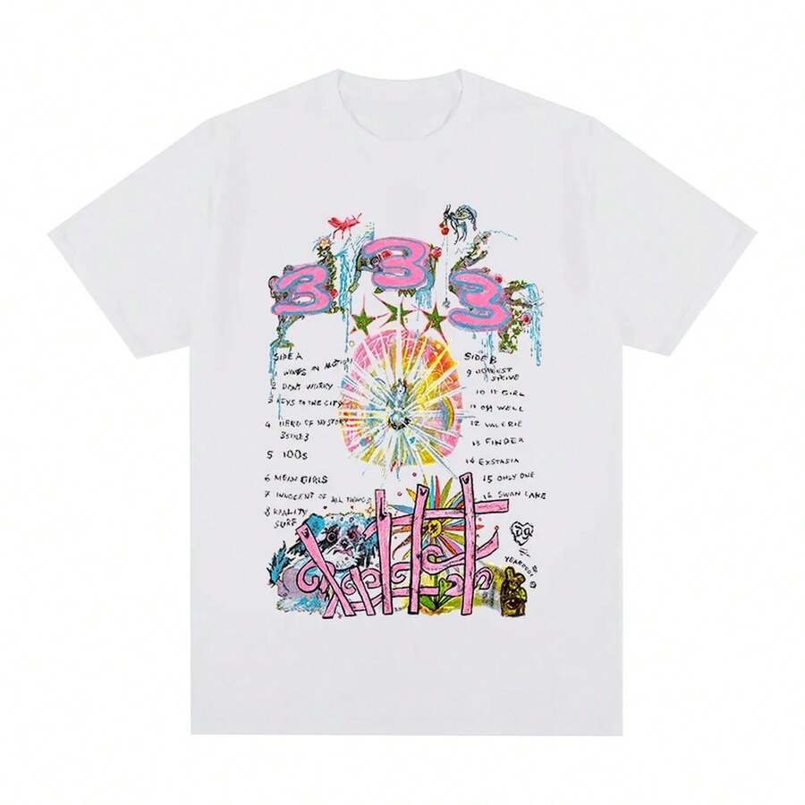 Camiseta de hip hop bladee 333, algodón sueco, camiseta para hombre, nueva camiseta para mujer, tops de 220 g de algodón puro, manga corta, tejido grueso, resistente a las arrugas y que no se deforma fácilmente. Estilo sencillo y versátil, ligero y transpirable, perfecto para ir al trabajo, viajar, acampar, ir de compras y para el tiempo libre diario. - Blanco - Ver 1