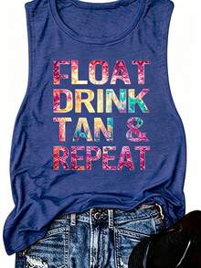 "Float Drink Tan & Repeat" Tie-Dye Slogan Tank Top For Women, Vacation Graphic Loose Fit Sleeveless Vest Casual Summer Beach Streetwear Top. - 寶藍色 - 查看 10