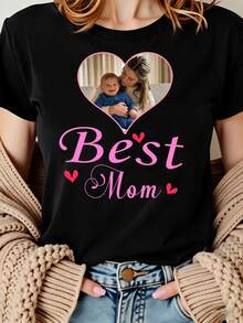 Camiseta de manga corta con foto personalizada para el Día de la Madre, con la impresión "Mejor Mamá", para mujer, cuello redondo, color negro, estilo casual. - Negro - Ver 6