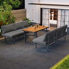 Garden Furniture Set, Grey, 3-Piece Set With 2 Sofas, Table, Powder-Coated Iron Frame, Adjustable Backrest, Acacia Wood, Adjustable Table, Including All Seat Cushions And Pillows - 灰色 - 查看 6