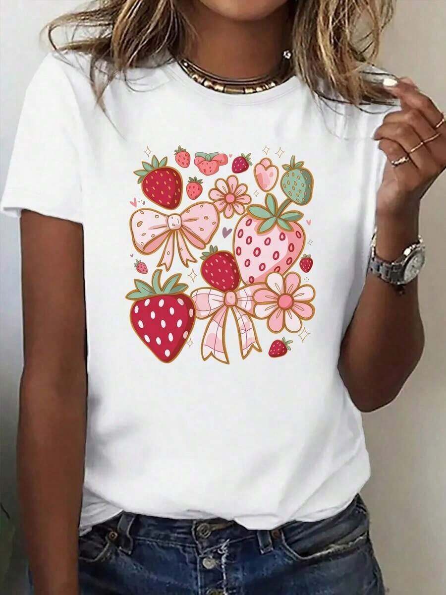 Women's & Men's Printed Short Sleeve T-Shirt, Round Neck, Strawberry Summer T-Shirt, Double Floral Bow, Cute Pet Theme Pattern, Casual And Short Sleeve Top. Comfortable Basic Autumn T-Shirt, Printed Short Sleeve T-Shirt For Outdoor Activities. - 白色 - 查看 1