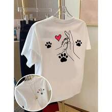 Women's Short-Sleeved Cotton T-Shirt With Dog Paw And Heart Print, Casual Summer T-Shirt, Soft And Breathable, Streetwear For Everyday Wear, Gift For Pet Lovers. - 白色 - 查看 1