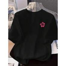 Women's Short-Sleeved Cotton T-Shirt With Round Neck, White, Soft, Breathable, Casual, Summer, With A Cute Pink Hibiscus Flower Print, T-Shirt For Everyday Wear. - 黑色 - 查看 1