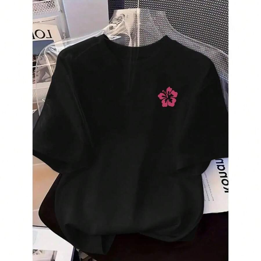 Women's Short-Sleeved Cotton T-Shirt With Round Neck, White, Soft, Breathable, Casual, Summer, With A Cute Pink Hibiscus Flower Print, T-Shirt For Everyday Wear. - 黑色 - 查看 1