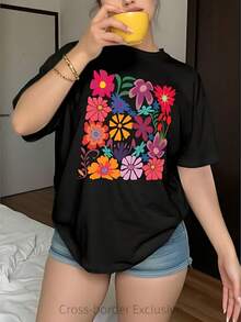 Camiseta unisex de manga corta holgada con estampado, 100% algodón, estilo moderno versátil para todas las estaciones Camiseta unisex - Negro - Ver 1