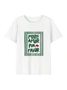Una camiseta de verano para mujer, de corte holgado, cuello redondo y manga corta, estampada con el patrón de rayas verticales "MORE AMOR POR FAVOR", adecuada para vacaciones, trabajo, salidas, uso diario, citas, fiestas, reuniones, ropa casual de calle y otras ocasiones. 100% Algodón. - Blanco - Ver 5