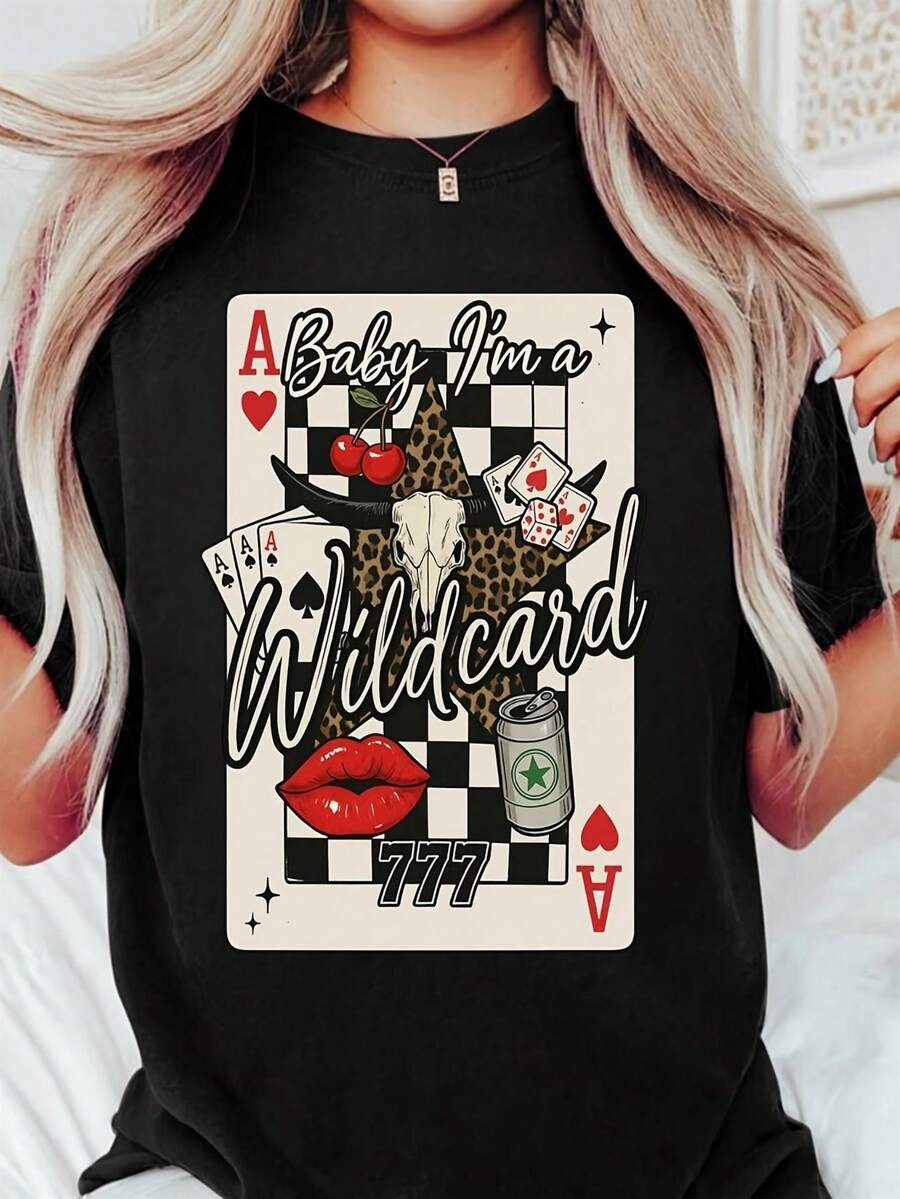 1 camiseta estampada versátil para mujer - "I'm a Versatile Ace" con estampados de corazones negros y rojos, top casual para fiestas de primavera y verano, temática de noche de póker, adecuada para uso diario (lavable a máquina) 180g 100% Algodón - Negro - Ver 1