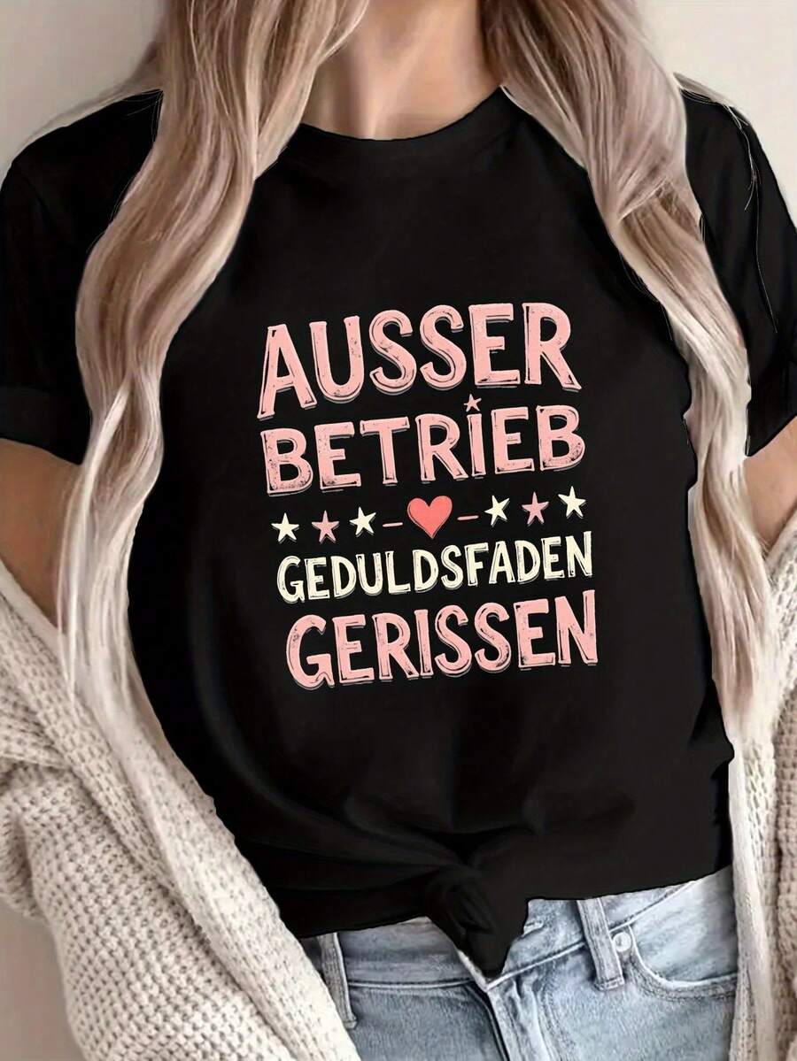 Camiseta casual de manga corta con un lema alemán desgastado, perfecta para primavera y verano, diseñada para mujer - Negro - Ver 1