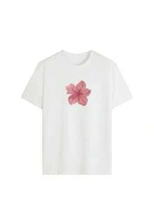 Nueva camiseta de mujer de cuello redondo con estampado floral, de moda casual, suave y versátil para primavera/verano, color rosa - Negro - Ver 3