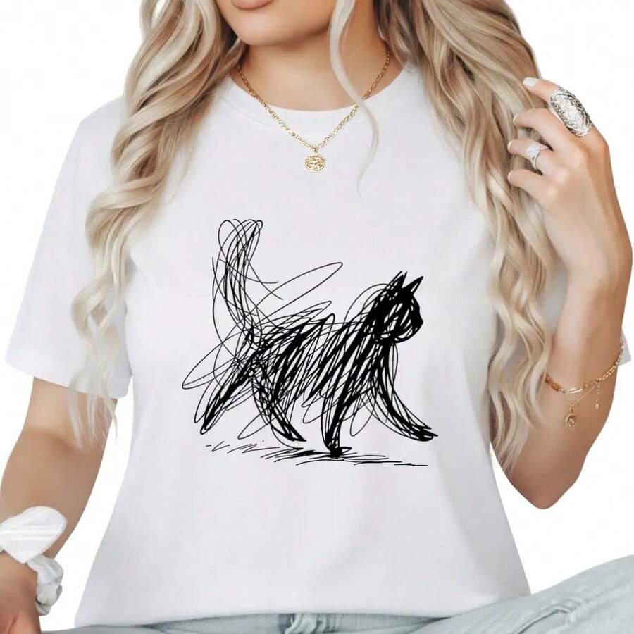 Camiseta con Estampado de Dibujo Abstracto de Gato para Hombres y Mujeres|   Camiseta casual de manga corta, con gráfico de gato estilo boceto, estilo moderno, cuello redondo, corte regular, para usar en todas las estaciones. - Blanco - Ver 1