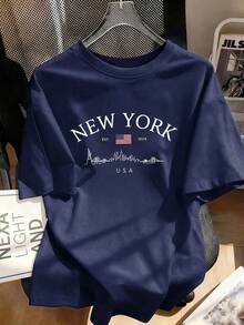 1pc Tween Girl Summer New Street Style Short Sleeve T-Shirt, American Retro New York City Graphic Tee, Children Casual Round Neck Breathable Comfortable , Streetwear For Daily Wear - Navy Blue - View 1