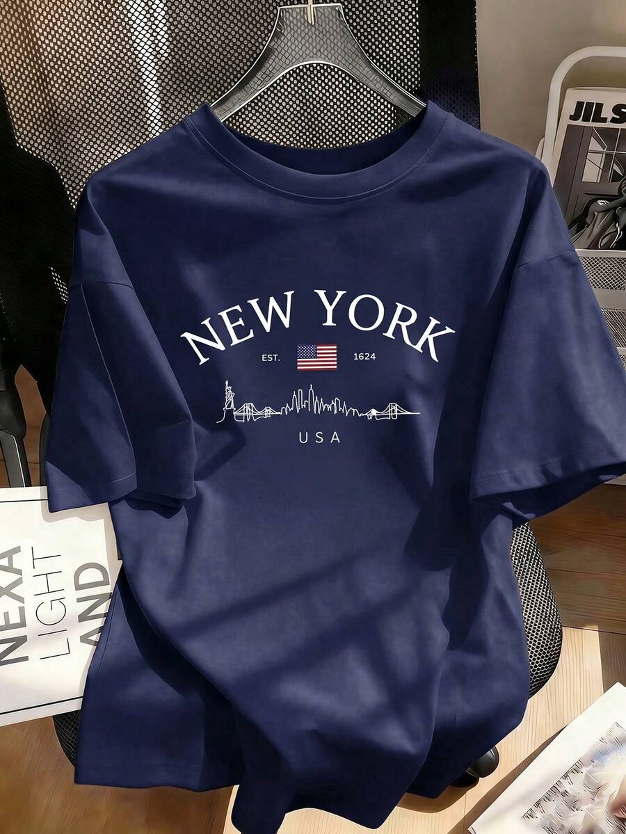 1pc Tween Girl Summer New Street Style Short Sleeve T-Shirt, American Retro New York City Graphic Tee, Children Casual Round Neck Breathable Comfortable , Streetwear For Daily Wear - Navy Blue - View 1