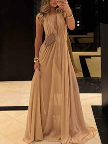 Vestido largo de fiesta plisado cuello V profundo halter espalda descubierta elegante moda verano para mujer - Albaricoque - Ver 5