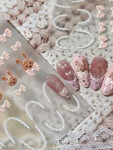 1pc Beige Rabbit Bow 5D Embossed Nail Sticker, Beige Rabbit + Pink Bow + White Lace, Ins Style Soft Nude Color Nail Art Decor Sticker With Self-Adhesive For DIY Nail Stickers - Multicolor - View 1