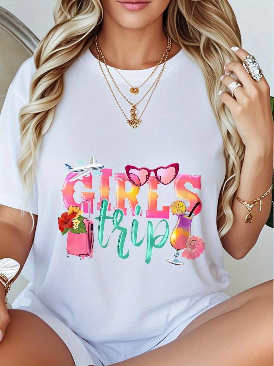 Size S T-Shirt, One-Piece, Pattern Print - Vibrant Geometric Design With Airplane, Heart And Flower Motifs, Casual Short-Sleeved Crew Neck T-Shirt, Breathable, Machine Washable, Comfortable For All Seasons - Unisex Loose-Fitting Cotton Short-Sleeved Crew Neck T-Shirt, Urban Vintage Style. - 白色 - 查看 1