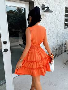 AIJ Women's Elegant A-Line Short Dress, Shirred Sleeveless Shirred Front, Lace Elastic Waist, Layered Ruffle Hem, Suitable For Vacation, Beach, Date, Party, Weekend Casual, Outing And Halloween Occasions - Orange - View 2