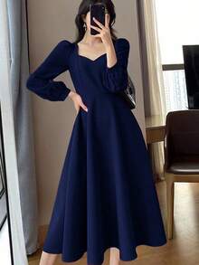 Vestidos largos de mujer Hepburn vintage cuello en v largo temperamento vestidos largos - Azul Marino - Ver 3