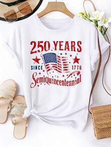 Women's Short-Sleeved T-Shirt With Round Neck, Featuring A Print Commemorating The 250th Anniversary Of 1776, Machine Washable, Spring/Summer T-Shirt, Fun Design, Comfortable Fit, Commemorative T-Shirt For The 250th Anniversary Of The United States. - 白色 - 查看 6