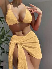 Nuevo conjunto de traje de baño de tres piezas sin espalda con cordones, bikini estilo ins. - Negro - Ver 10