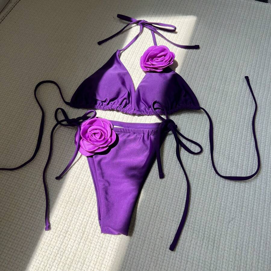 Nuevo traje de baño de dos piezas para mujer, de color sólido rosa, con tiras ajustables. - Morado - Ver 1